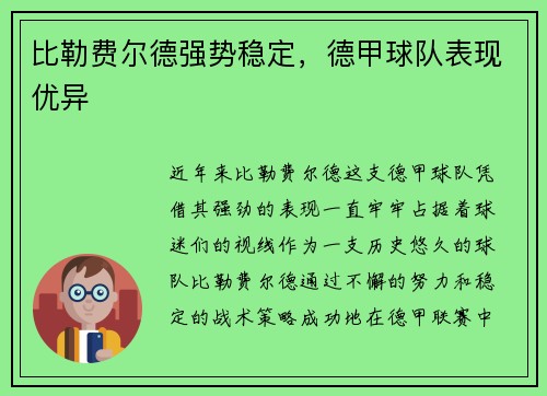 比勒费尔德强势稳定，德甲球队表现优异