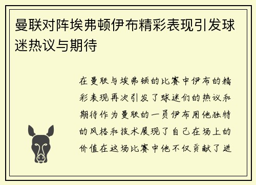 曼联对阵埃弗顿伊布精彩表现引发球迷热议与期待