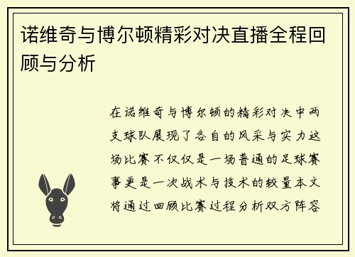 诺维奇与博尔顿精彩对决直播全程回顾与分析