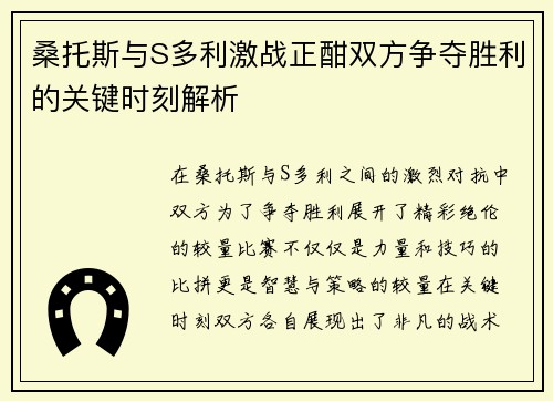 桑托斯与S多利激战正酣双方争夺胜利的关键时刻解析
