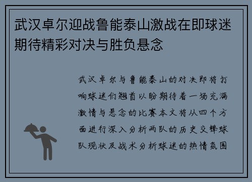 武汉卓尔迎战鲁能泰山激战在即球迷期待精彩对决与胜负悬念
