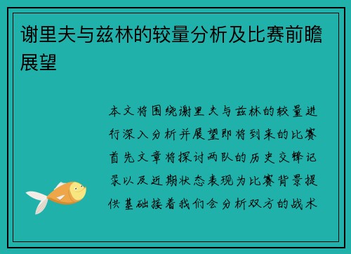 谢里夫与兹林的较量分析及比赛前瞻展望