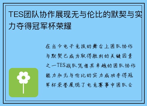 TES团队协作展现无与伦比的默契与实力夺得冠军杯荣耀