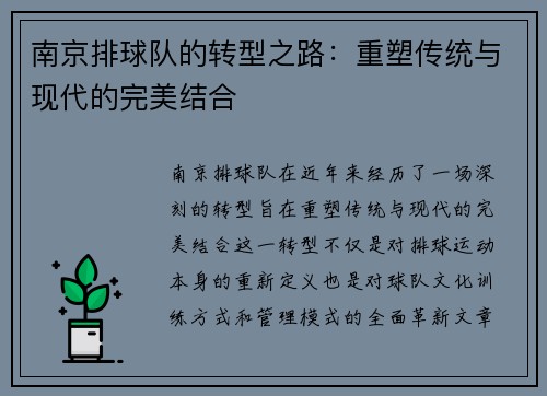 南京排球队的转型之路：重塑传统与现代的完美结合