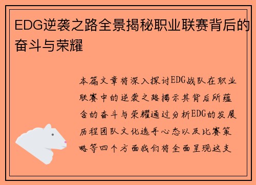 EDG逆袭之路全景揭秘职业联赛背后的奋斗与荣耀
