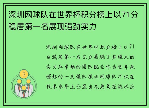 深圳网球队在世界杯积分榜上以71分稳居第一名展现强劲实力
